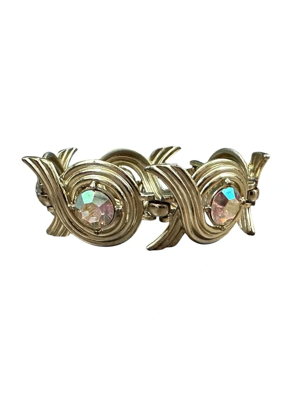 Vintage Sarah Coventry Gold Tone AB Rhinestone Swirl Link Bracelet Signed
